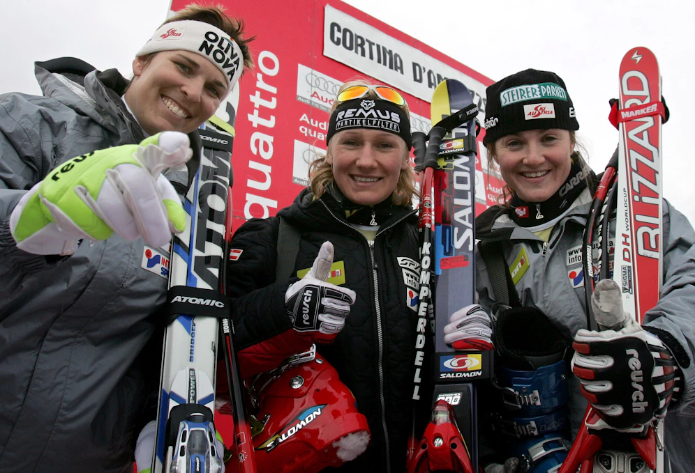 Michael Dorfmeister mit Renate Götschl und Lizz Görgl