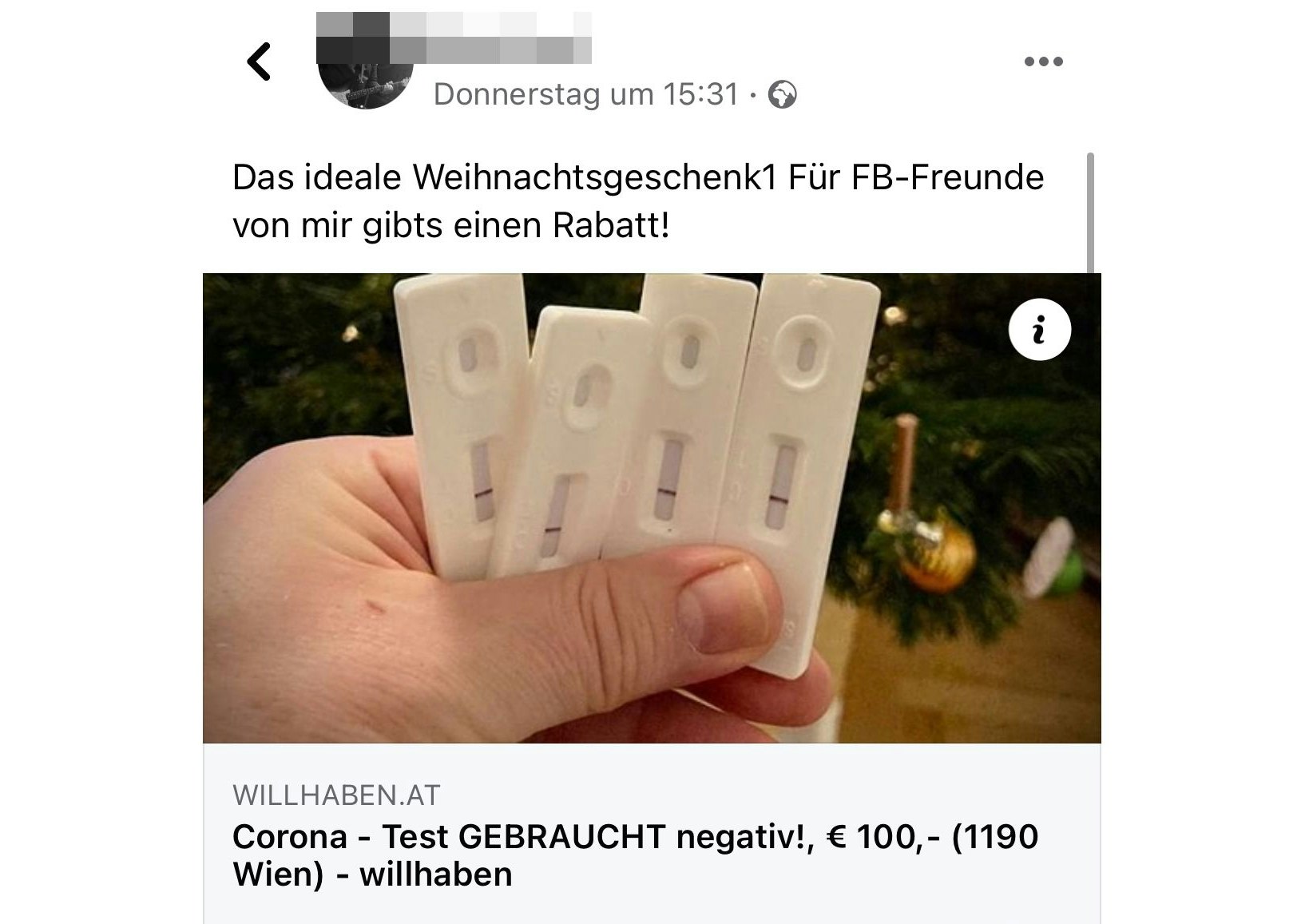 So bewarb der Verkäufer seine Anzeige auf Facebook.
