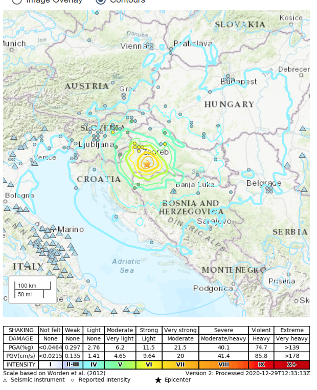 Karte der Erdbebenintensität, inklusive Österreich.