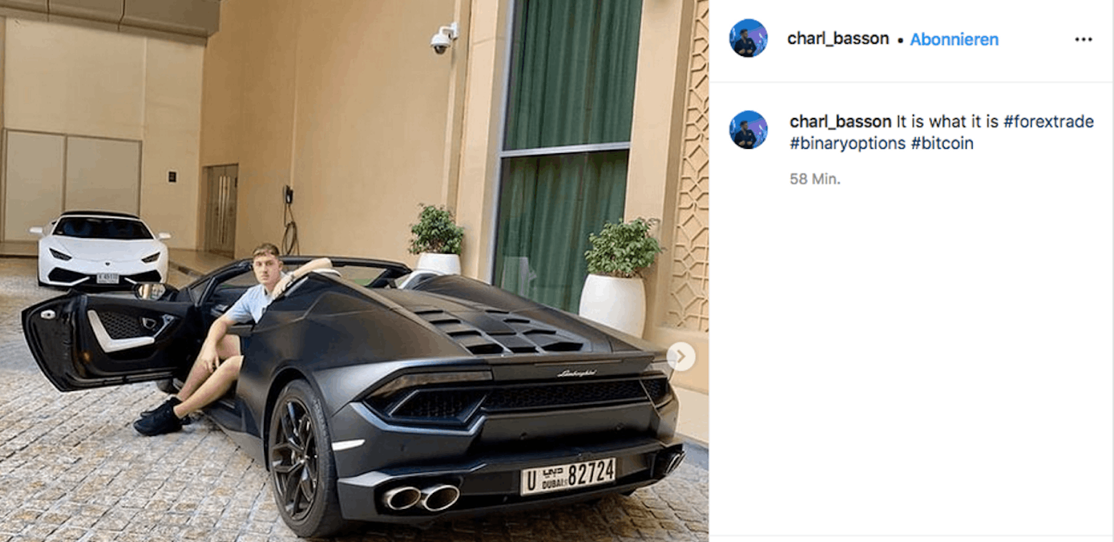Bitcoin-Händler Charl Basson zeigt sich auf Instagram im Lamborghini.