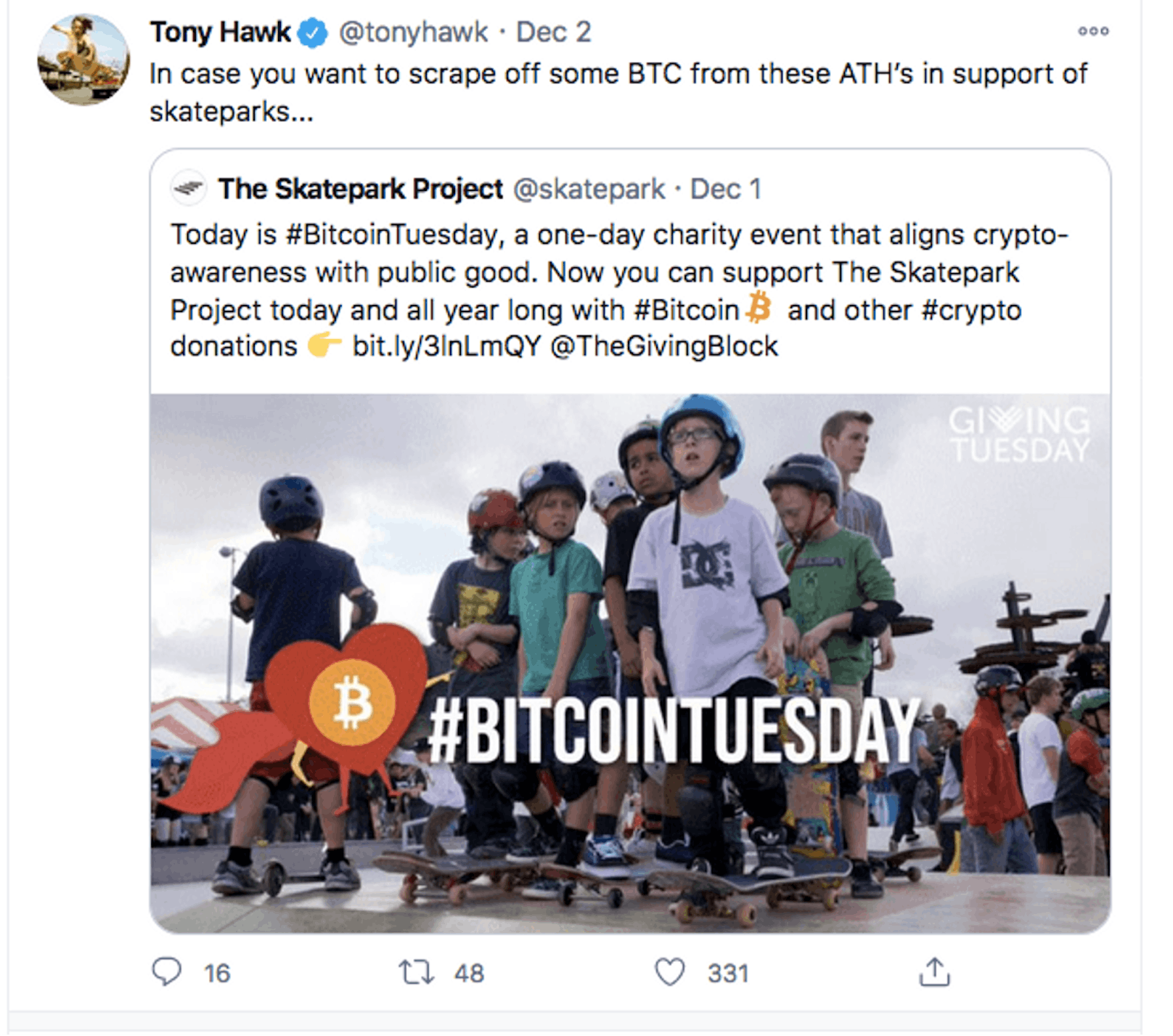 Auf Twitter wirbt Hawk mit dem Hashtag #BITCOINTUESDAY um Spenden via Bitcoin für einen Skate-Park.