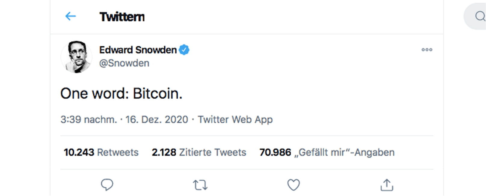 Kurz vor Weihnachten machte auch Edward Snowden auf den Bitcoin-Boom aufmerksam.