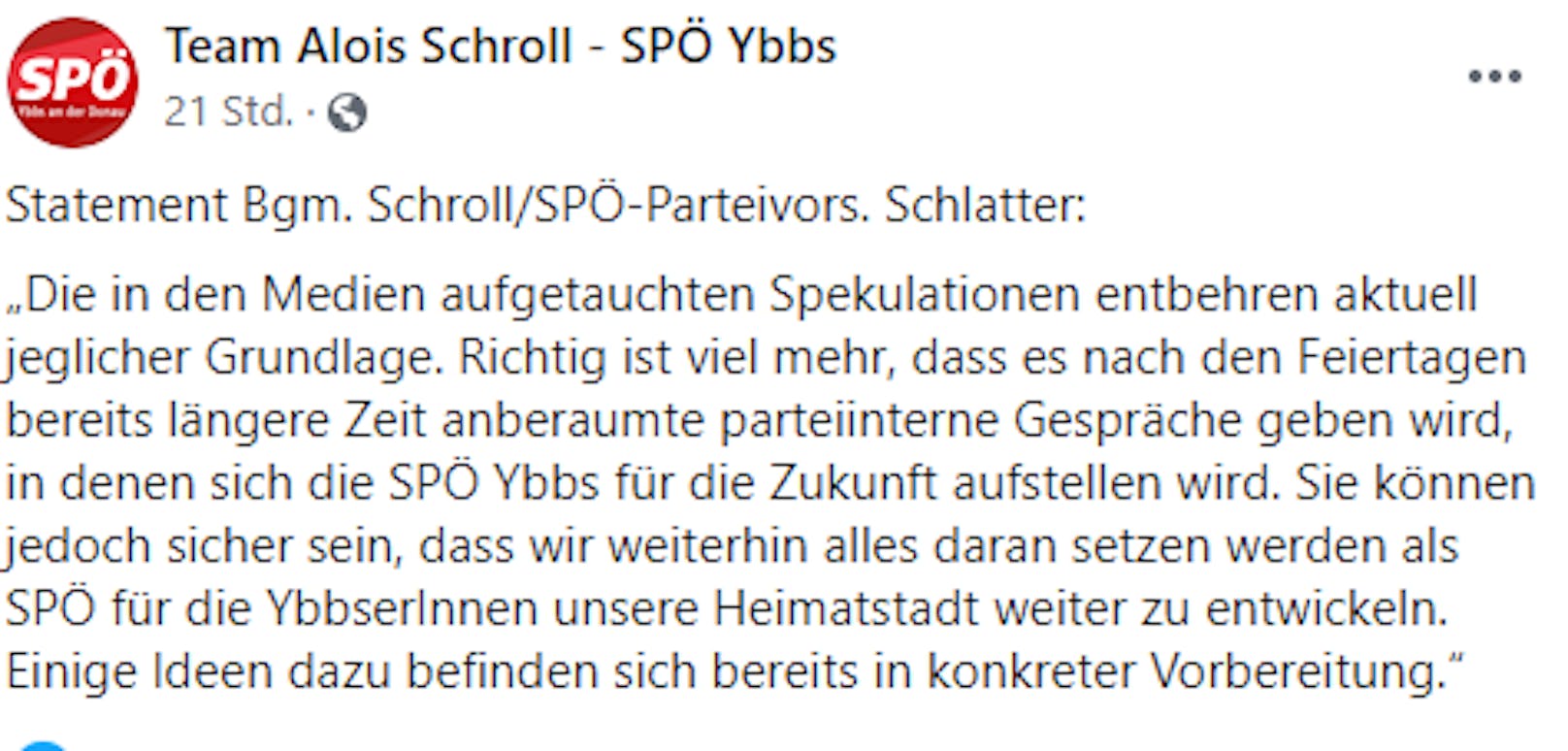 Dieses Posting auf der Facebook-Seite der SPÖ Ybbs sorgte für Fragezeichen.