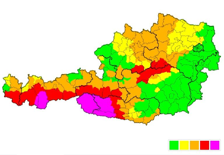 So sieht die grafische Darstellung der aktuellen Warnungen der Unwetterzentrale aus.