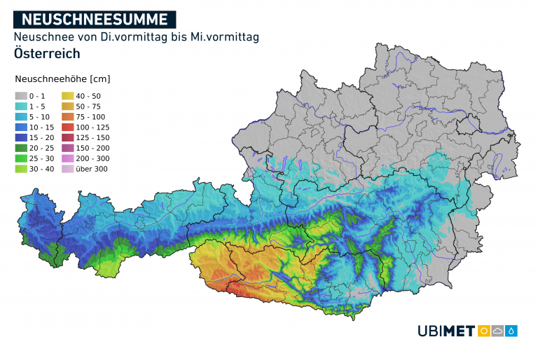 Erwartete Neuschneesumme von Dienstag- bis Mittwochvormittag, 8. bis 9. Dezember