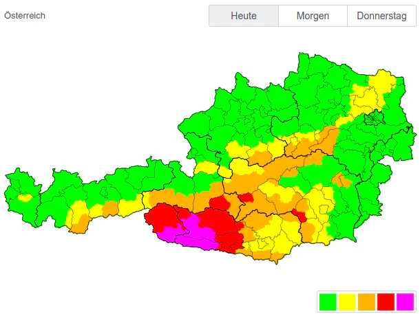 Die Schnee-Warnkarte für Österreich: Rote Warnstufe auch in einigen Bezirken Salzburgs und der Steiermark