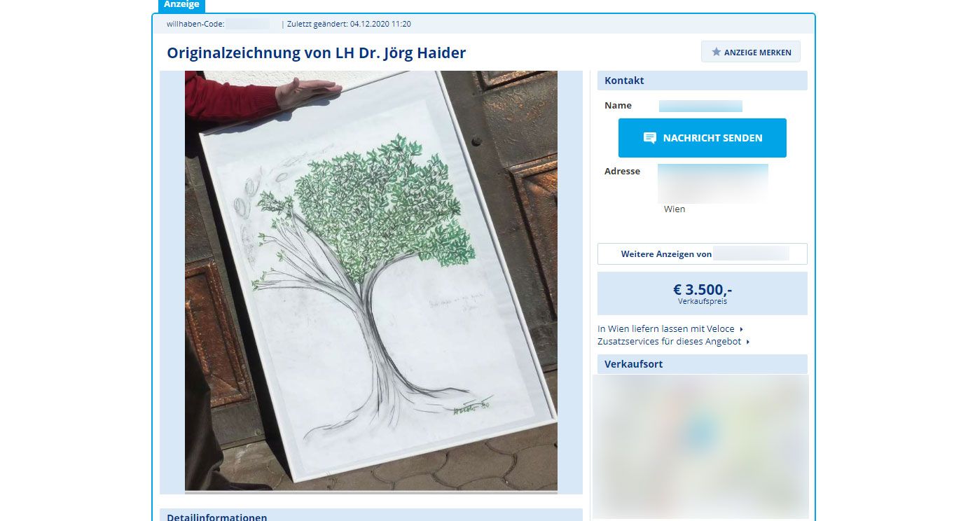 Diese Haider-Zeichnung ist auf Willhaben zu haben.