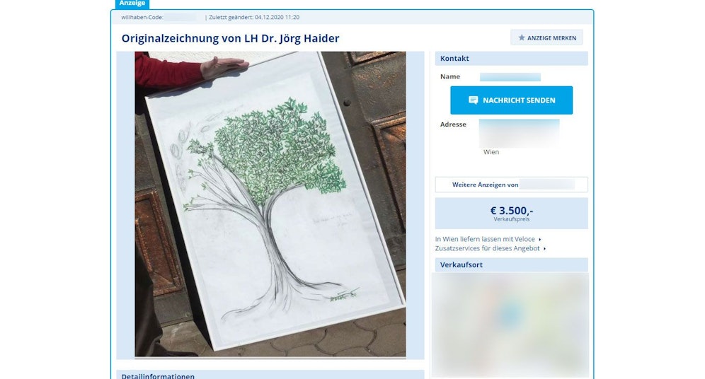 Diese Haider-Zeichnung ist auf Willhaben zu haben.