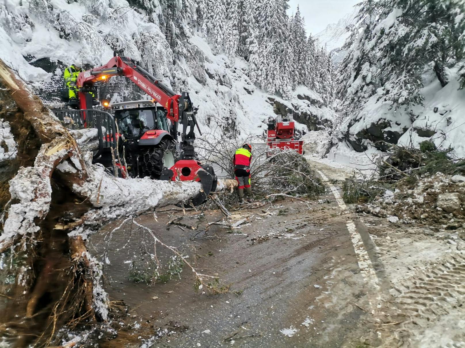Der kräftige Schneefall hält die Einsatzkräfte in Teilen Österreichs ordentlich auf Trab. So drohten etwa im hinteren Ötztal zwischen Aschbach und Sölden mehrere Bäume auf die Ötztalbundesstraße zu stürzen, die B186 musste daher gesperrt werden. 
