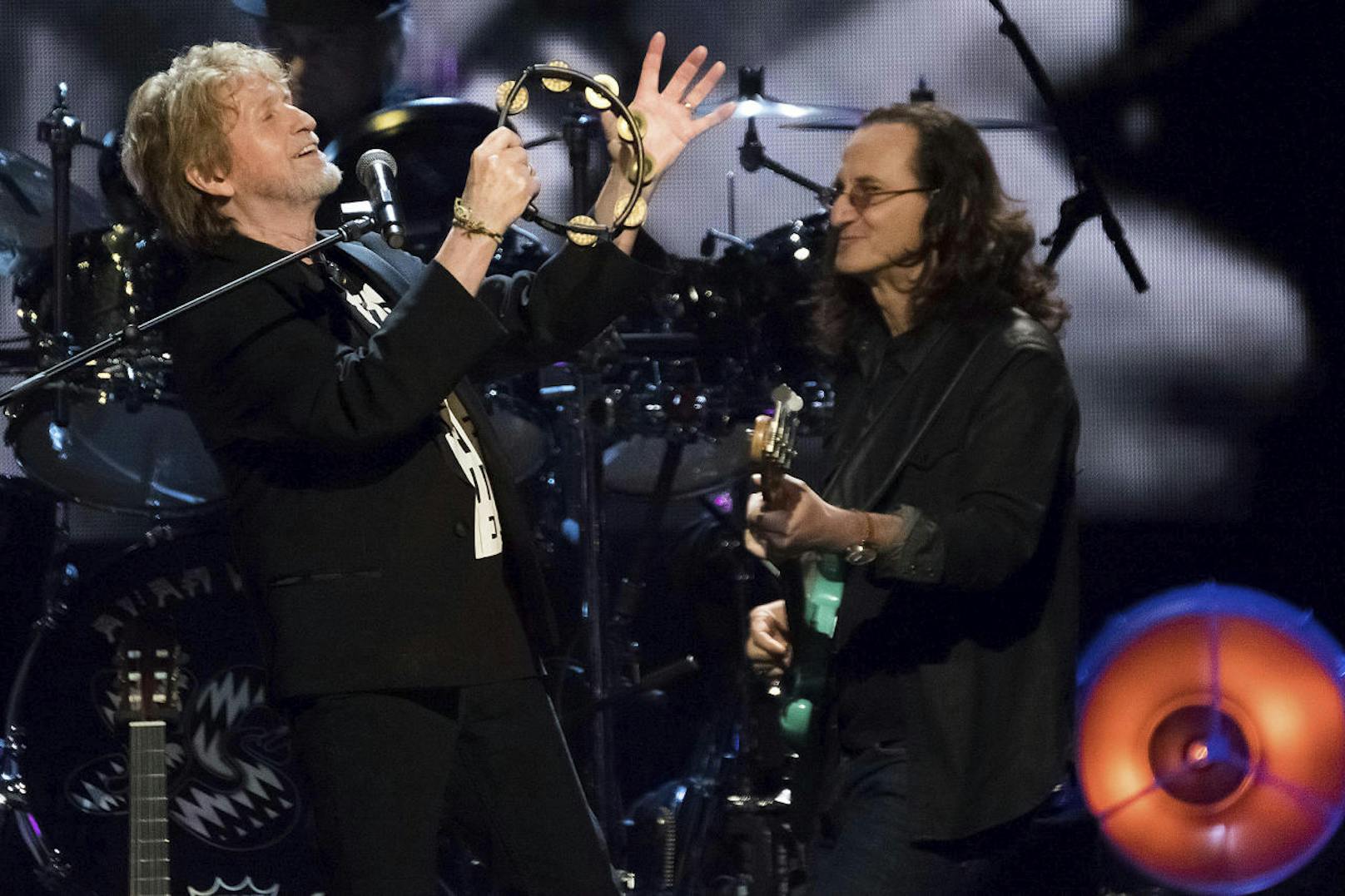 Inductee Jon Anderson from the band Yes, left, and Geddy Lee from the band Rush perform at the 2017 Rock and Roll Hall of Fame induction ceremony at the Barclays Center on Friday, April 7, 2017, in New York. (Photo by Charles Sykes/Invision/AP)