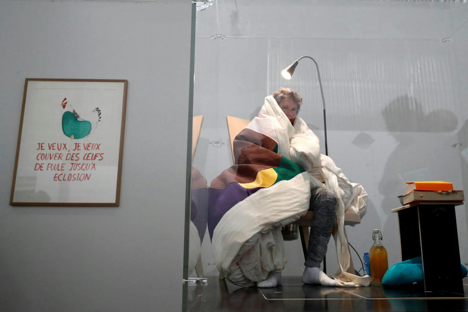 Der Französische Künstler Abraham Poincheval brütet Hühnereier aus - im Palais de Tokyo Museum in Paris, Dauer: 21 bis 26 Tage
