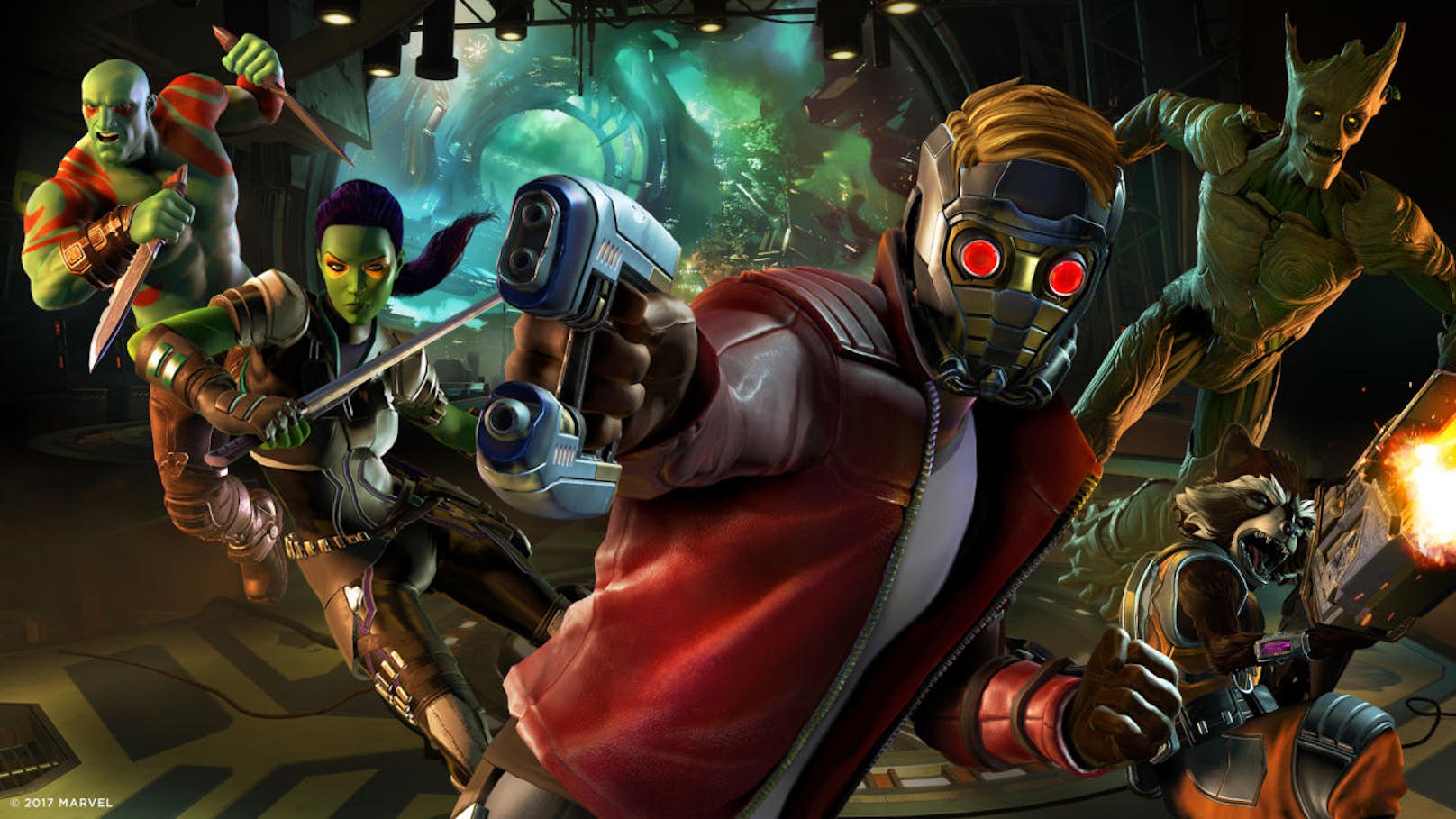 Die ungewöhnlichen Helden Star Lord, Gamora, Drax, Rocket und Groot stürzen sich ins Telltale-Abenteuer.