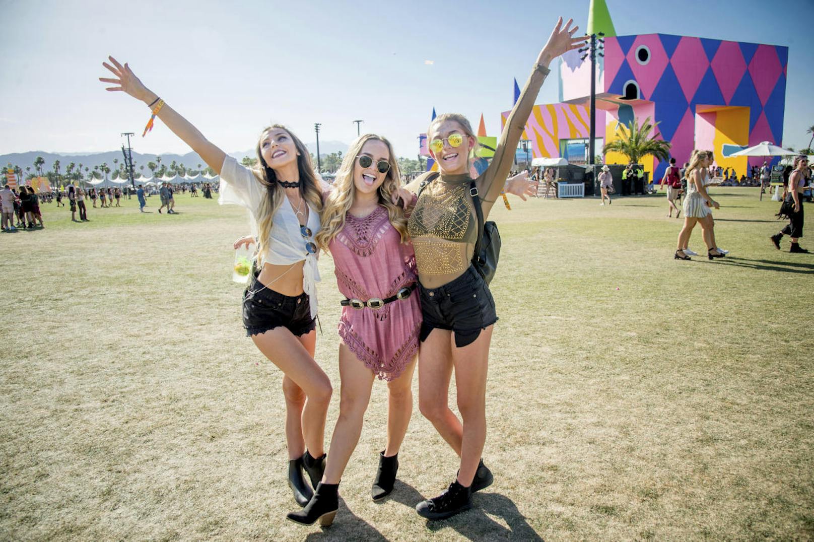 Festival goers Autumn Mosley, from left, Cortlyn Morales and Cary Gutin pose at Coachella Music & Arts Festival at the Empire Polo Club on Saturday, April 15, 2017, in Indio, Calif. (Photo by Amy Harris/Invision/AP)