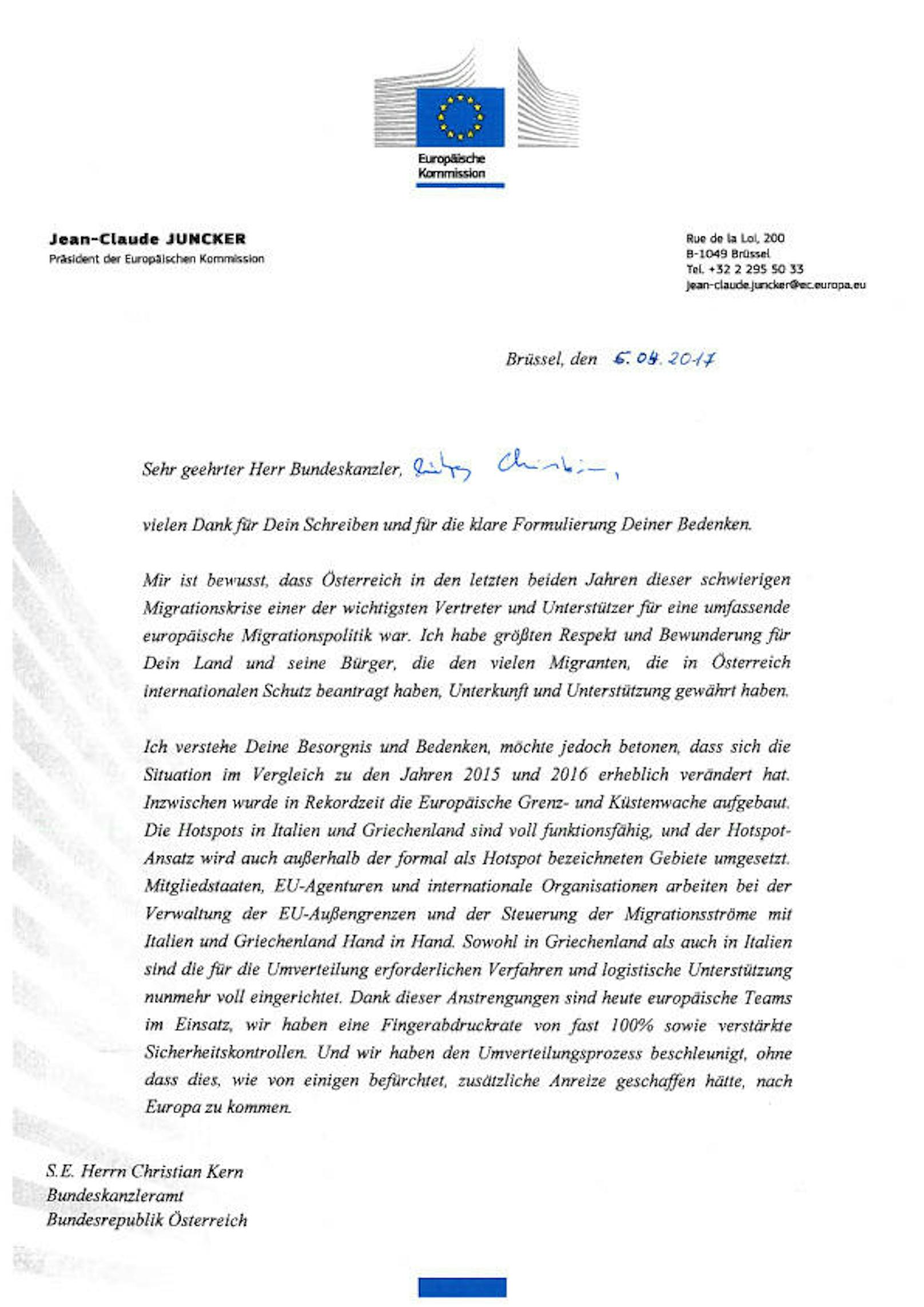 Kanzler Christian Kern hatte per Brief bei der EU um ein erneutes Aussetzen der Umverteilung von Flüchtlingen nach Österreich gebeten