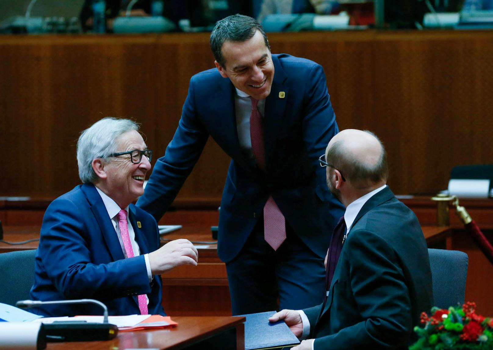 EU-Kommissionspräsident Jean Claude Juncker (li.), Österreichs Kanzler Christian Kern (Mi.) mit Martin Schulz