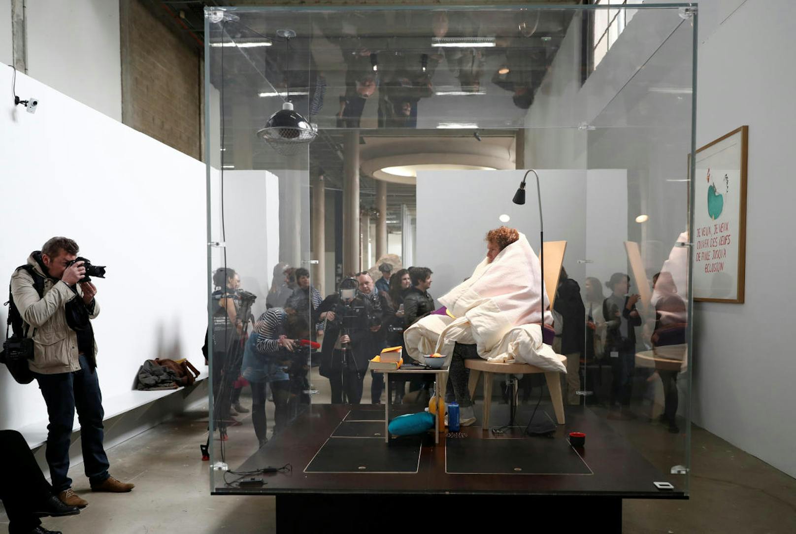 Der Französische Künstler Abraham Poincheval brütet Hühnereier aus - im Palais de Tokyo Museum in Paris, Dauer: 21 bis 26 Tage