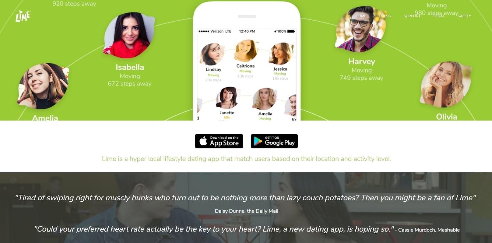 Endlich gibt es sie, die Datingplattform für Menschen die gleich faul sind! Mitglieder können gezielt nach potenziellen Partnern mit dem gleichen (niedrigen) Aktivitätslevel suchen. <a href="http://www.lime.dating/" target="_blank">lime.dating</a>