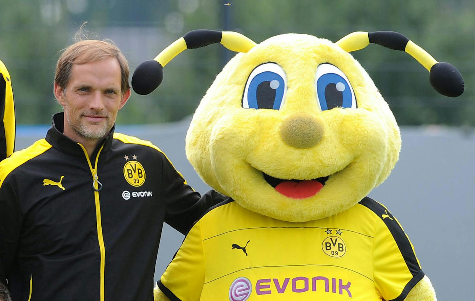 Dortmund-Biene Emma mit Coach Thomas Tuchel: Fotos sollen zeigen, wie das Maskottchen gegen den Teambus der Bayern uriniert.