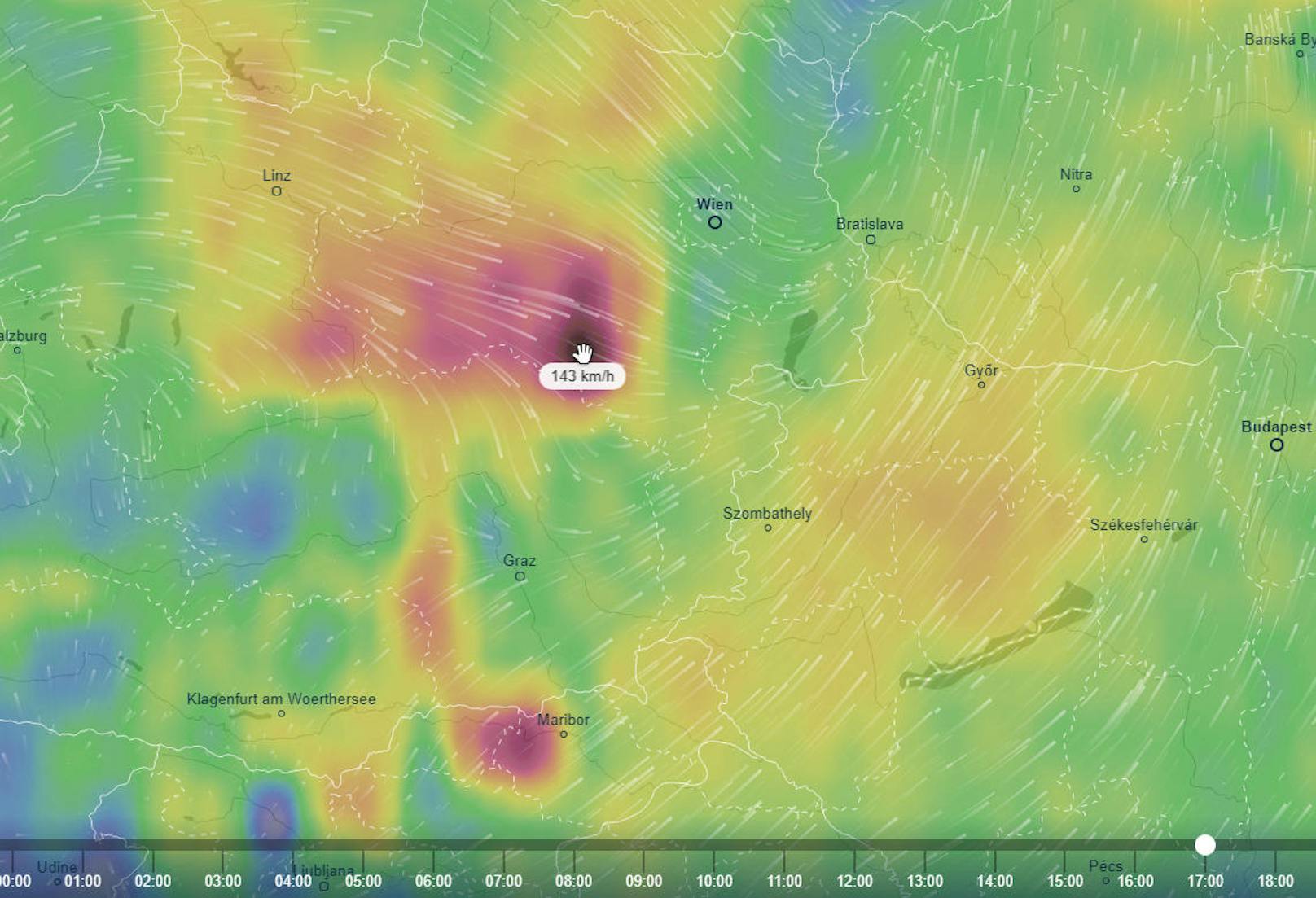 Wie hier zu sehen ist, sind gegen 17 Uhr Sturmböen von etwa 140 km/h zu erwarten. 

Quelle: Ventusky