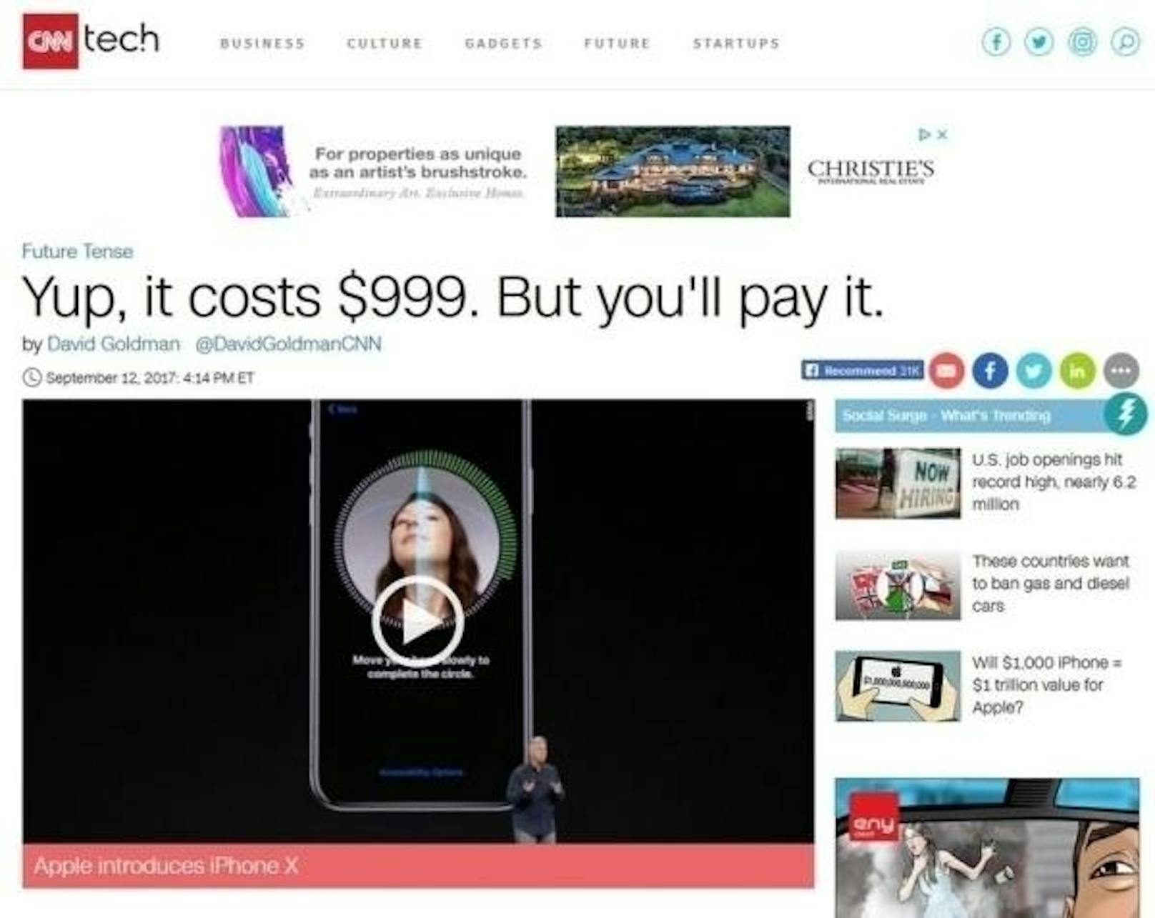 "Yup, es kostet 999 Dollar. Aber du wirst es bezahlen": CNN ist überzeugt, dass das iPhone X ein Erfolg wird.