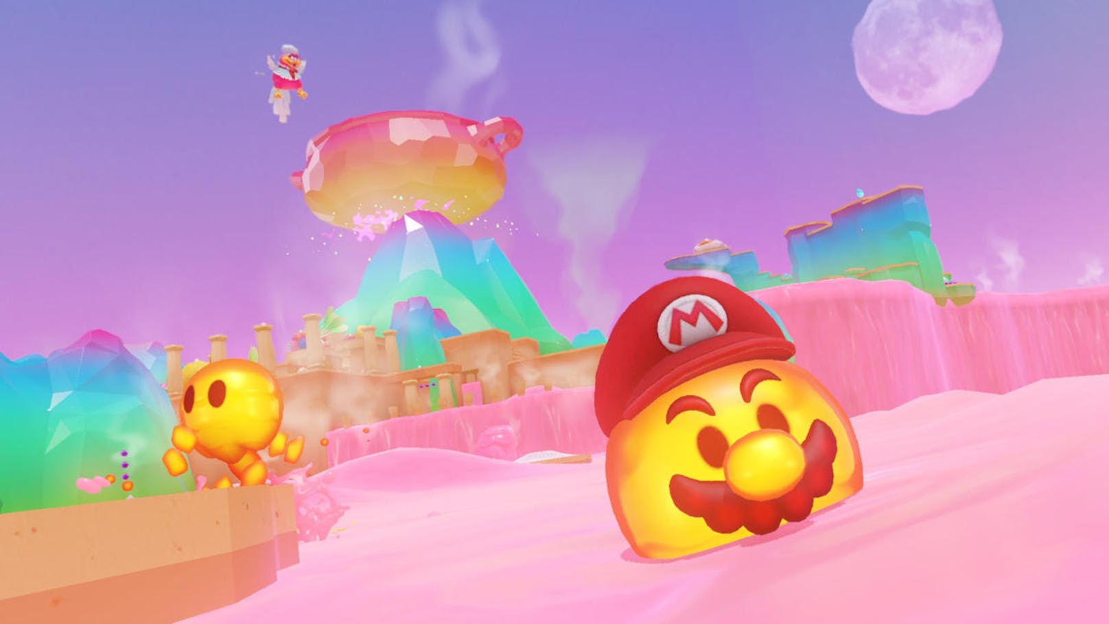 Dieses Hut-Schmeißen und Verwandeln will einfach nicht langweilig werden. Im Schlemmerland etwa verbrennt sich Mario an der heißen Lava, kann aber einen Feuerball-Feind "capern" (so nennt Nintendo die Verwandlung) und infolge durch die heiße Lava schwimmen und springen.
