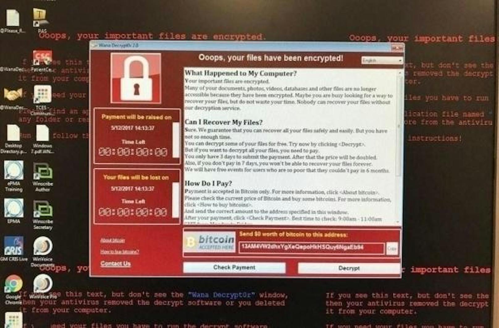 Über ein Dutzend Länder sind von der Cyber-Attacke betroffen: Diese Meldung erschien bei einem betroffenen Computer.