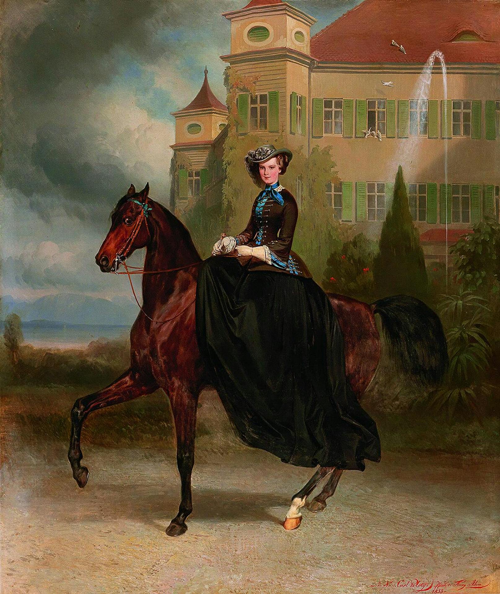 Kaiserin Elisabeth von Österreich als Braut zu Pferd in Possenhofen 1853
Sisi war 15 als das Bild gemalt wurde. Sie schenkte es ihrem Franz Joseph zu Weihnachten. Innerhalb der Familie Habsburg wurde das Bild als "Verlobungsbild" bezeichnet.