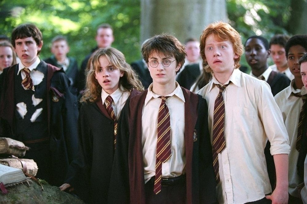Vorne, von links: Emma Watson, Daniel Radcliffe und Rupert Grint in 