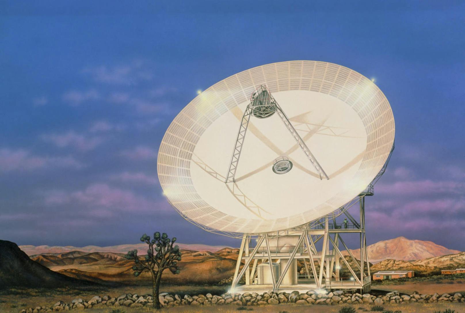 Download von www.picturedesk.com am 03.08.2017 (09:06). 
Goldstone antenna. Illustration of the 34-metre radio antenna at the Venus Station at Goldstone in California, USA. Goldstone was the site of the All-Sky Survey portion of NASA's Search for Extraterrestrial Intelligence (SETI), later called the High Resolution Microwave Survey (HRMS). The initial deployment of this survey took place on October 12 1992. In October 1993, NASA cut the HRMS funding from its budget. The SETI Institute continued the Targetted Search portion of NASA's SETI programme with private funding under the name Project Phoenix. This picture is entitled Desert Sentinel and is the official artwork commemorating the initial deployment of the SETI survey. - 19960328_PD0113