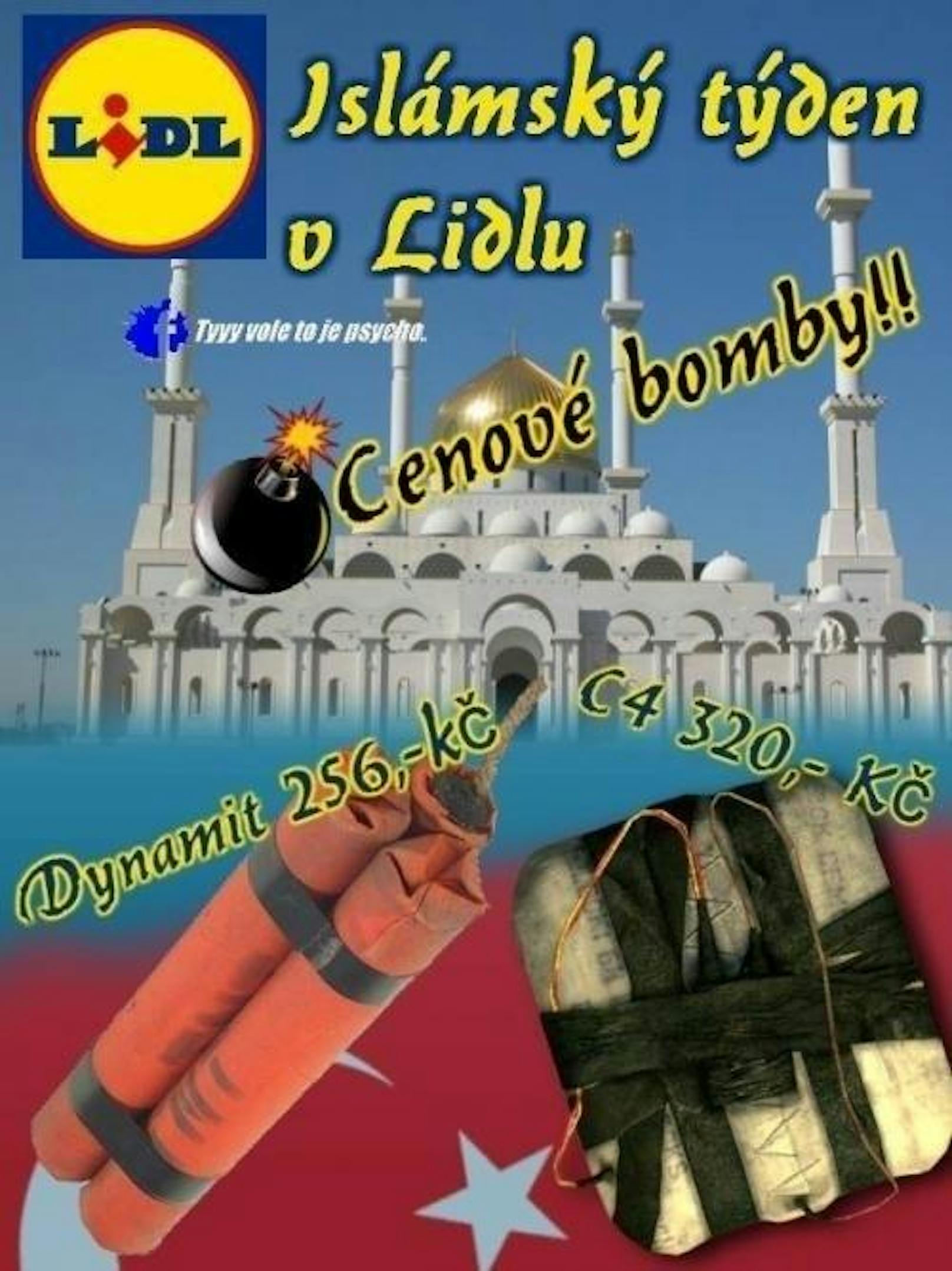 Auf einem gefälschten Plaket wird mit Sprengstoff für die "Islamischen Wochen bei Lidl" geworben.