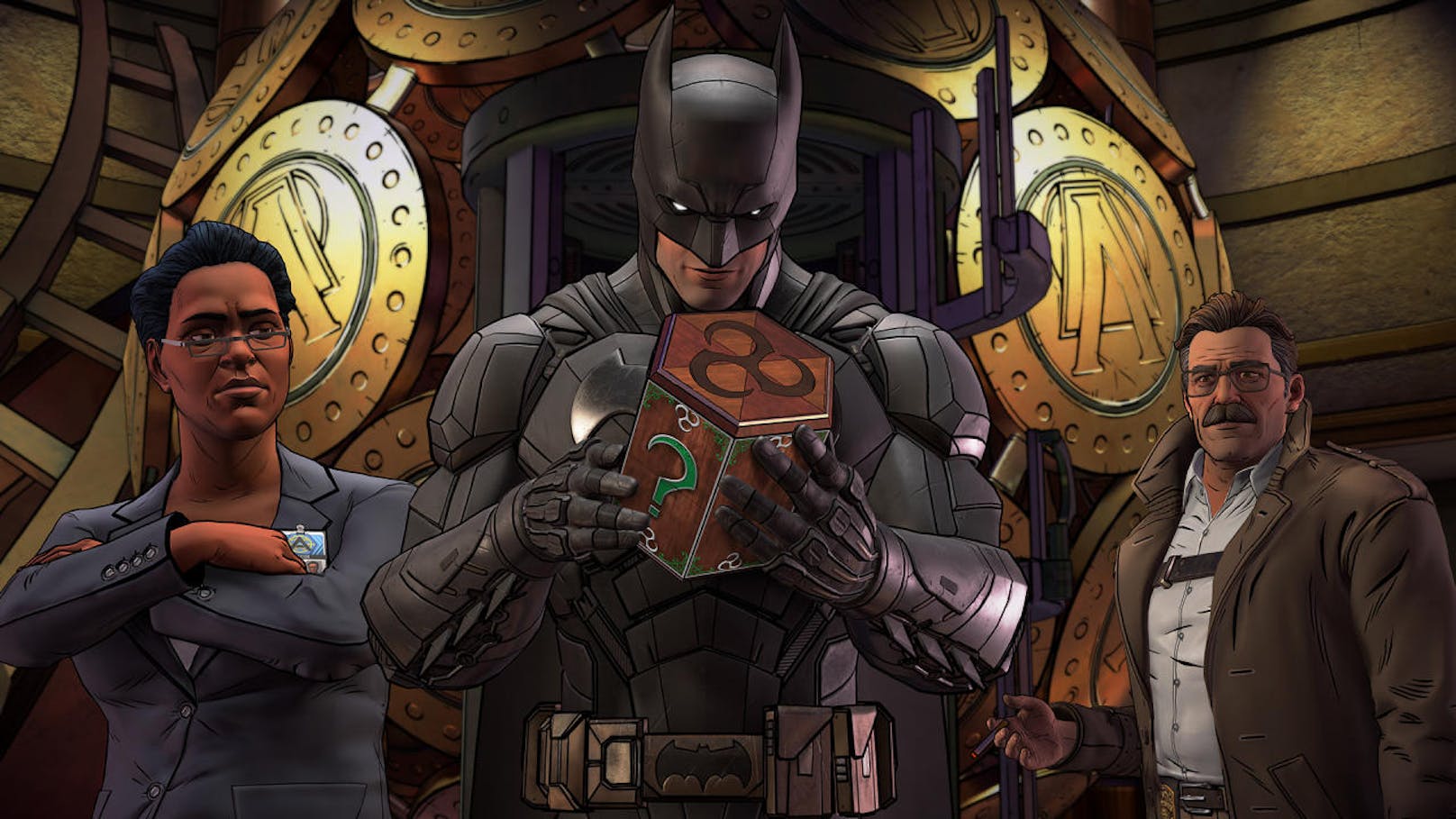 In Episode 1 "The Enigma" trifft Batman dabei nicht nur auf die teuflischen Rätsel des Riddler, sondern hat, vor allem in der Form von Bruce Wayne, auch mit den Bundesbehörden zu kämpfen, die ihm Verbrechen anhängen wollen.