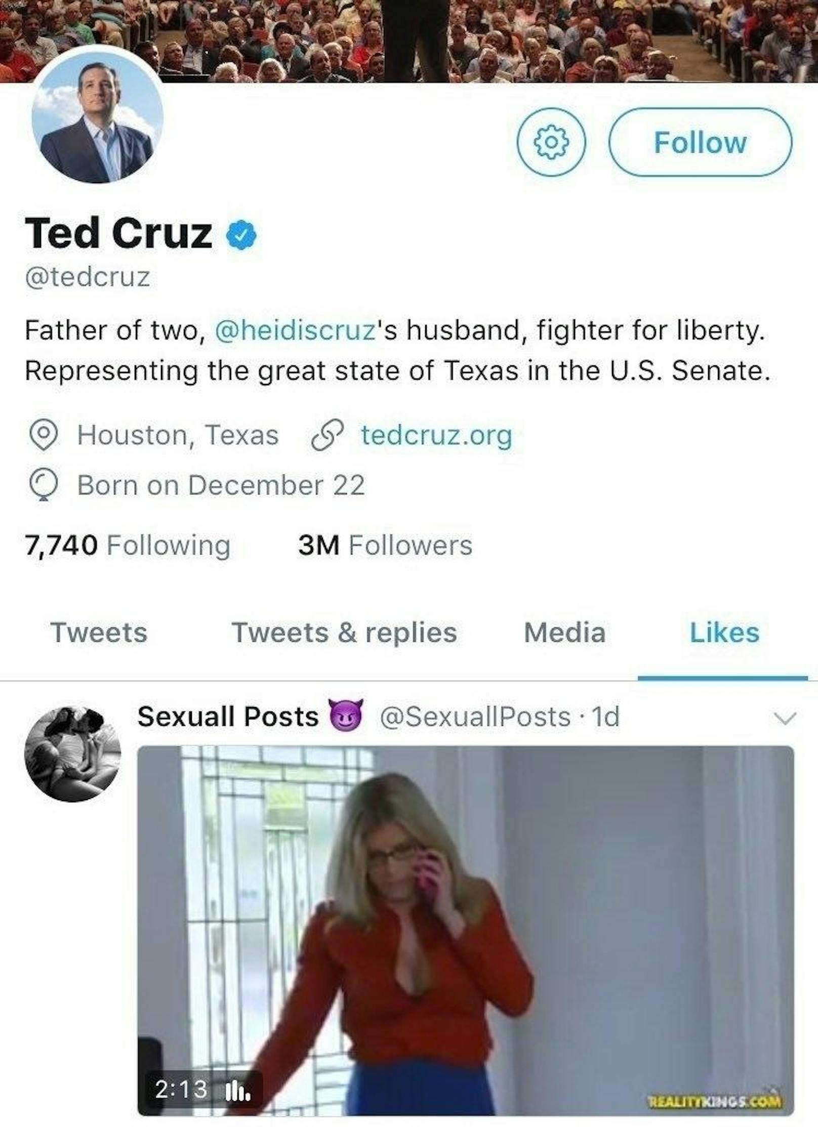 Am Montag passierte dem erzkonservativen US-Senator Ted Cruz ein Malheur. Er vergab mit seinem Twitter-Account ein Like an einen Porno-Clip. Das blieb nicht unbemerkt.