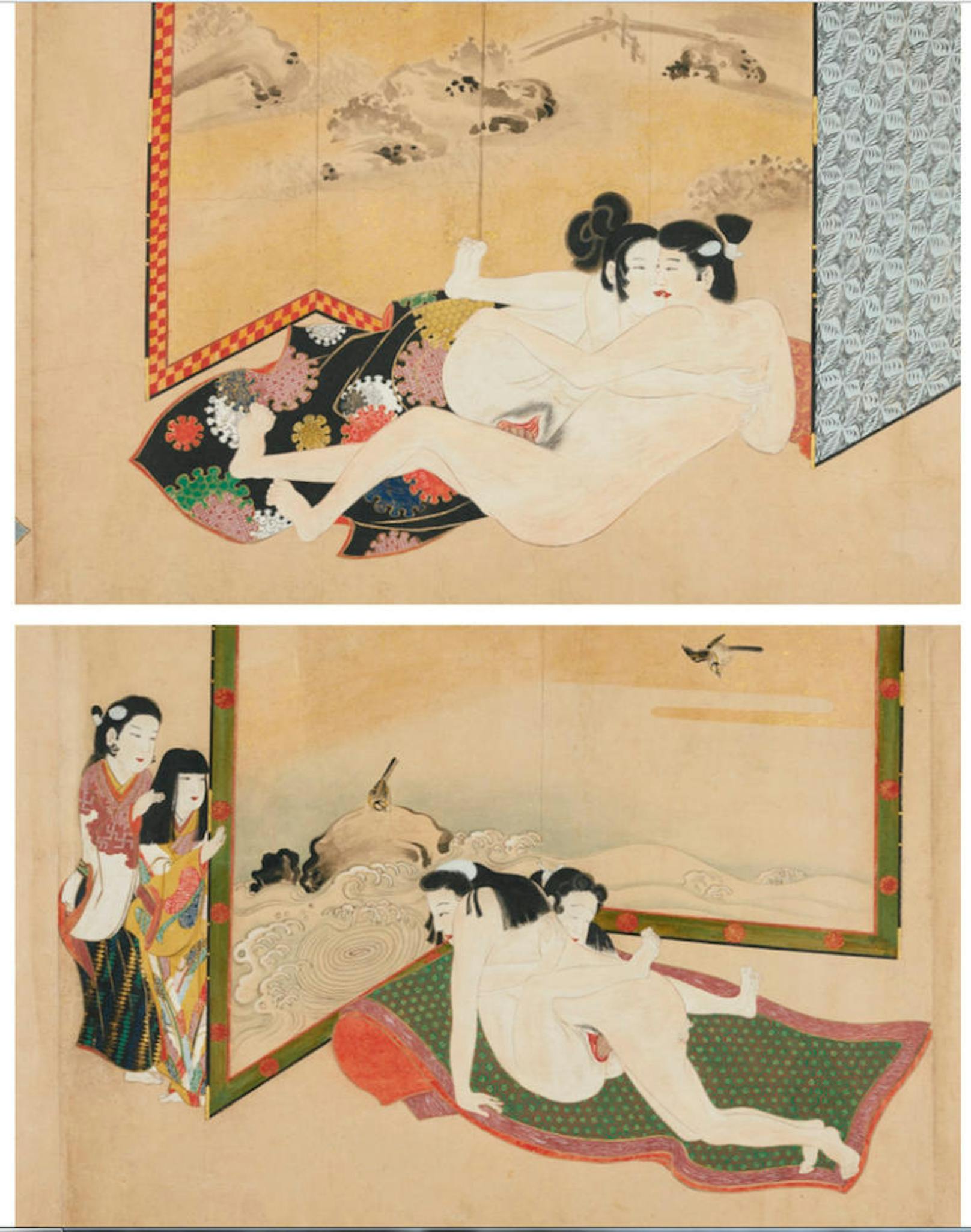 School of Iwasa Matabei, titled Haru no tempura (Spring intimate pillow), <br>Edo Period, late 17th century, <br>Japanese Erotic handscroll (shunga emakimono)b