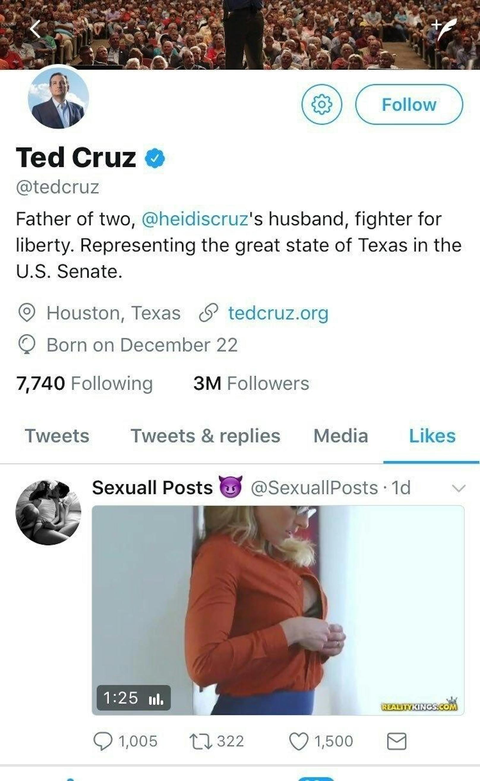 Am Montag passierte dem erzkonservativen US-Senator Ted Cruz ein Malheur. Er vergab mit seinem Twitter-Account ein Like an einen Porno-Clip. Das blieb nicht unbemerkt.