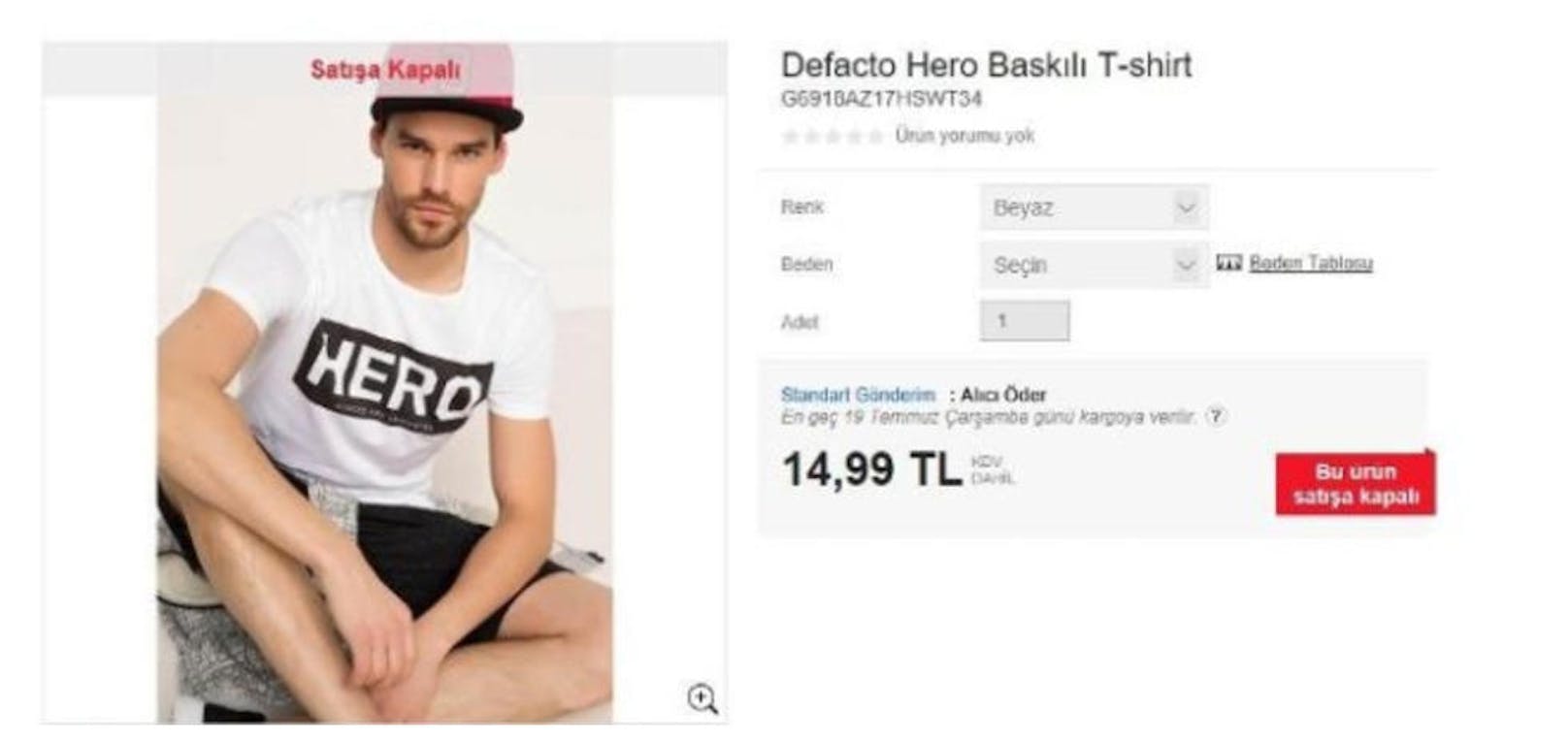 Das T-Shirt verkauft sich auf der türkischen Onlineplattform Defacto für 14,99 türkische Lira, umgerechnet 3,60 Euro.