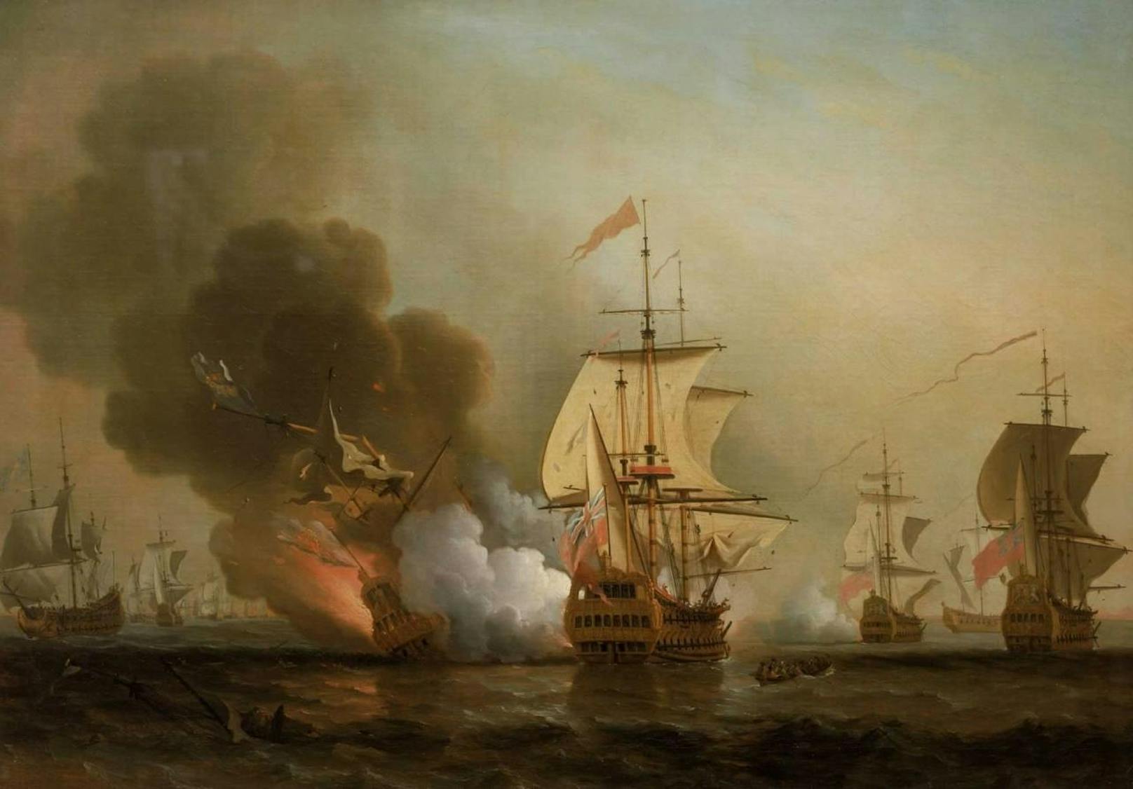 Historisch: Die "San José" wurde 1708 in Brand geschossen und versank mit ihrem Milliardenschatz - wie hier auf dem Ölgemälde von Samuel Scott dargestellt.