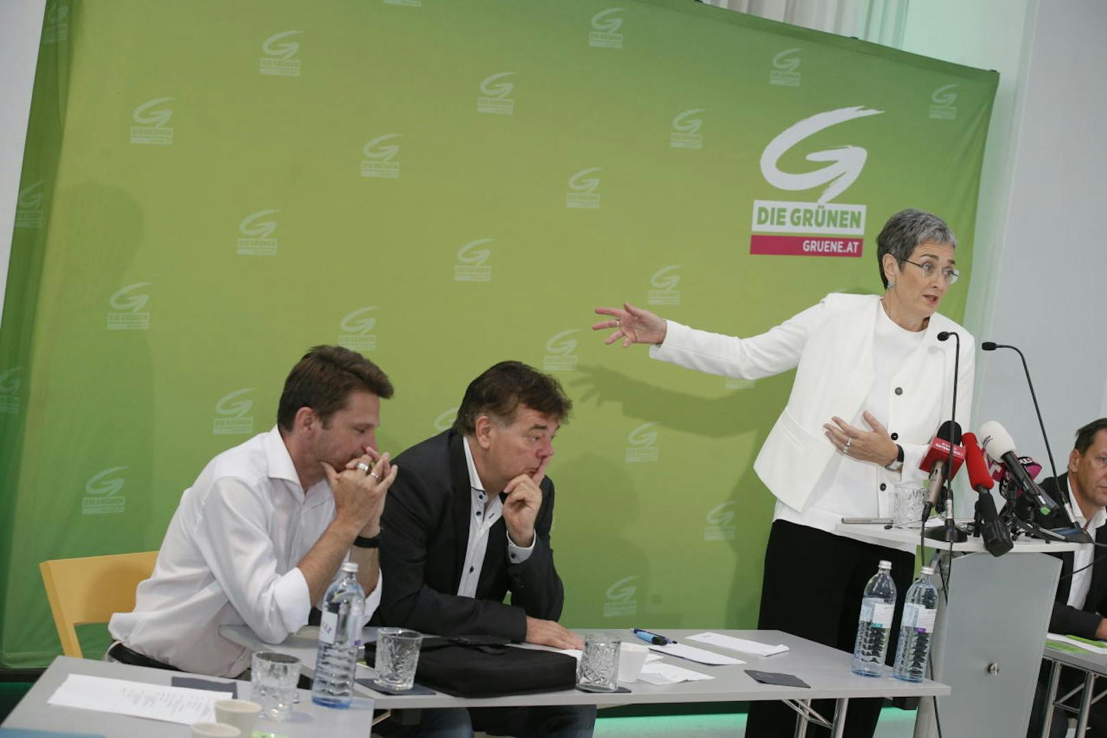 Die Grünen Werner Kogler (Mitte), Ulrike Lunacek (re.) und Albert Steinhauser (li.) beim erweiterten Bundesvorstand am 18. Juli 2017 in Wien