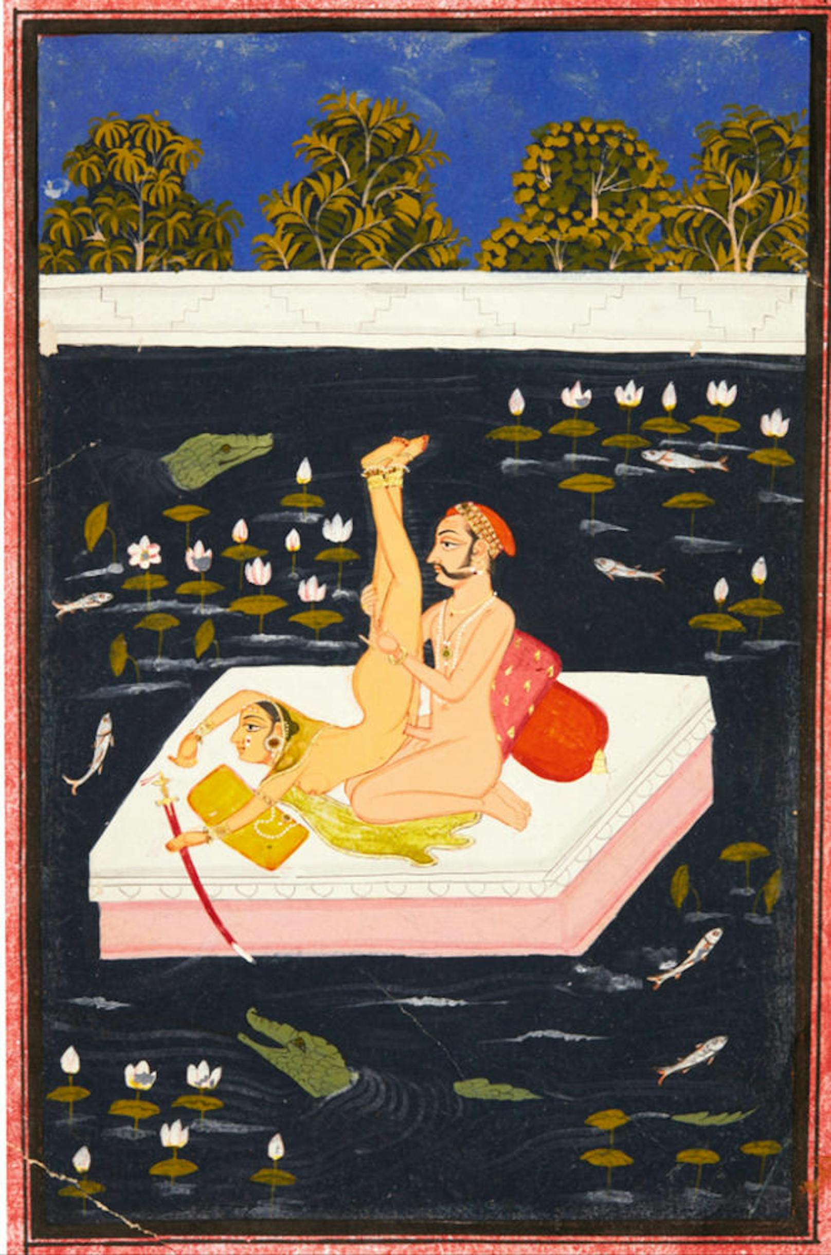 North India, Mewar, circa 18th century, <br>A couple making acrobatic love on a lake<br>
Estimate  2,000 ? 3,000