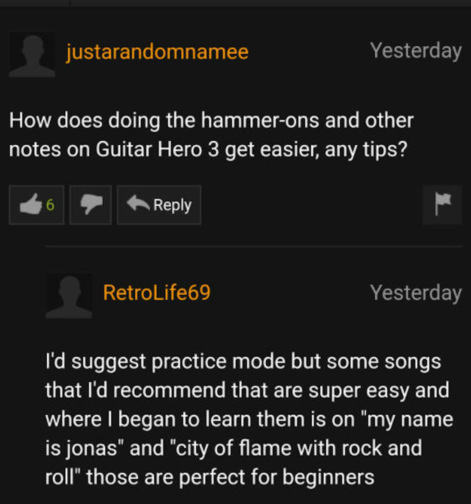 Ein anderer Nutzer sucht bei der Pornhub-Community Rat zum Videospiel "Guitar Hero 3".