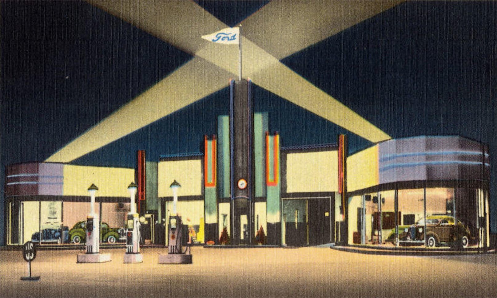 Diese Art-déco-Tankstelle mit Motorfahrzeug-Showroom stand in Lumberton, North Carolina. Geöffnet war sie circa von 1930 bis 1945.