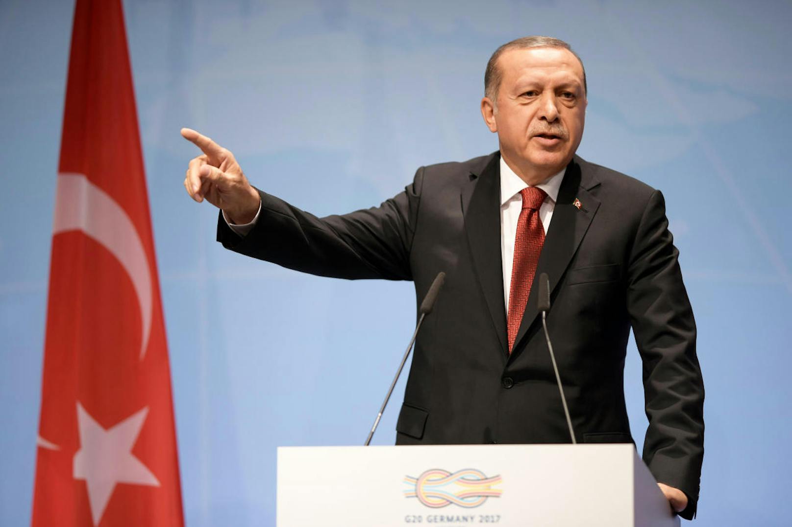 Der türkische Präsident Recep Tayyip Erdogan bei seiner Abschlussrede am G20-Gipfel in Hamburg.