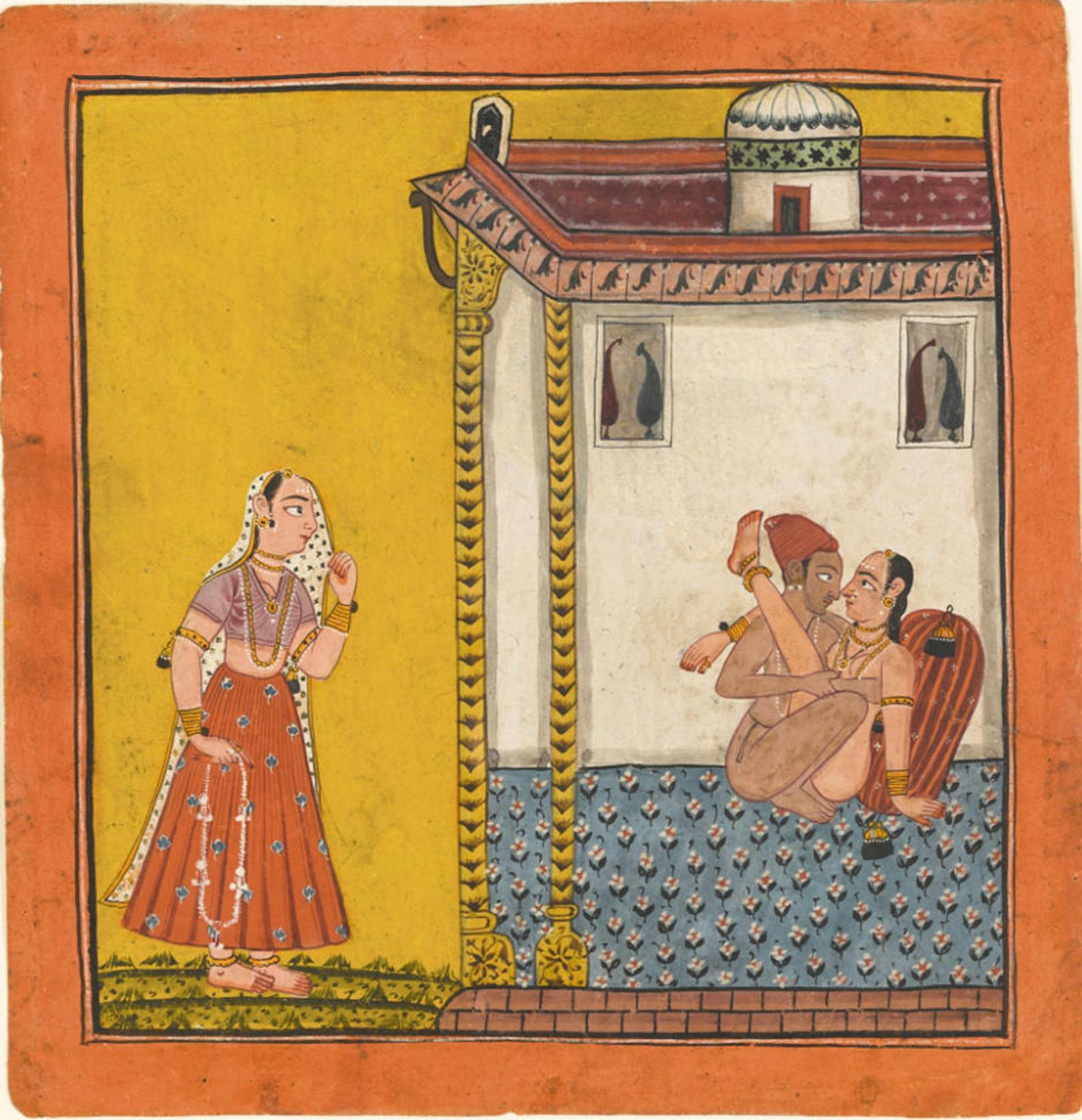 North India, probably Bilaspur, circa 1700-40, <br>A loving couple watched by a maiden<br>
Estimate  3,000 ? 4,000