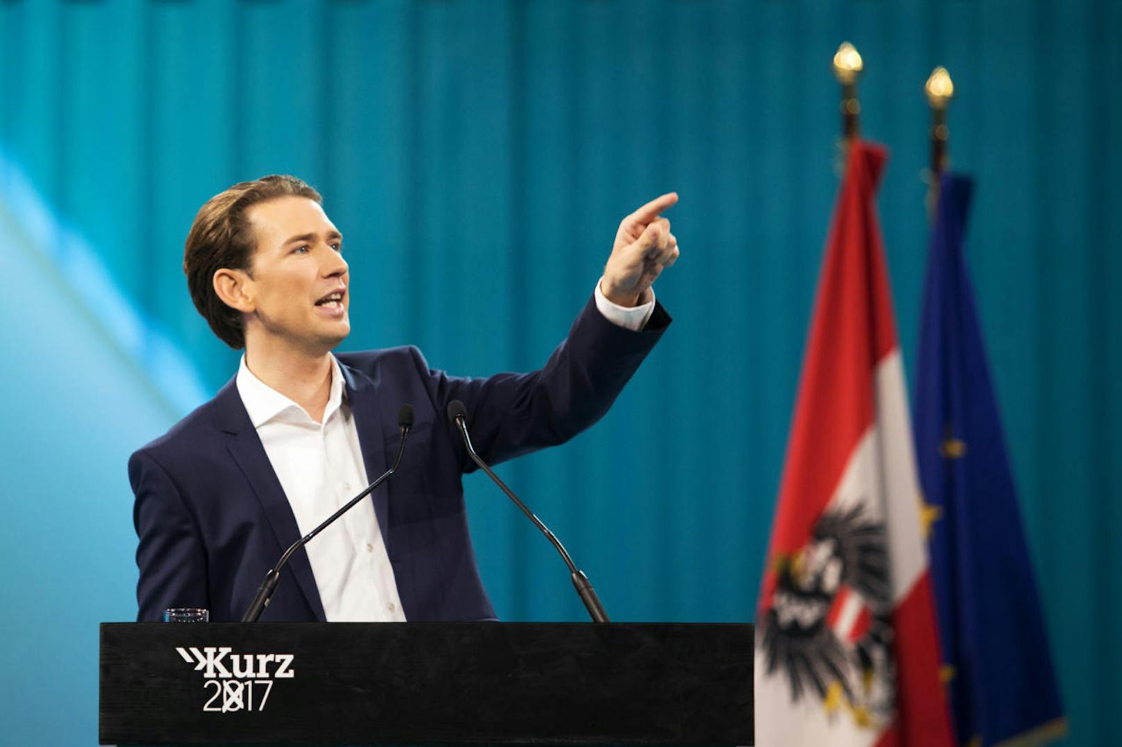 Sebastian Kurz während seiner Rede beim Wahlkampfauftakt zur Nationaratswahl 2017 mit 10.000 Teilnehmern in der Wiener Stadthalle (23. September).