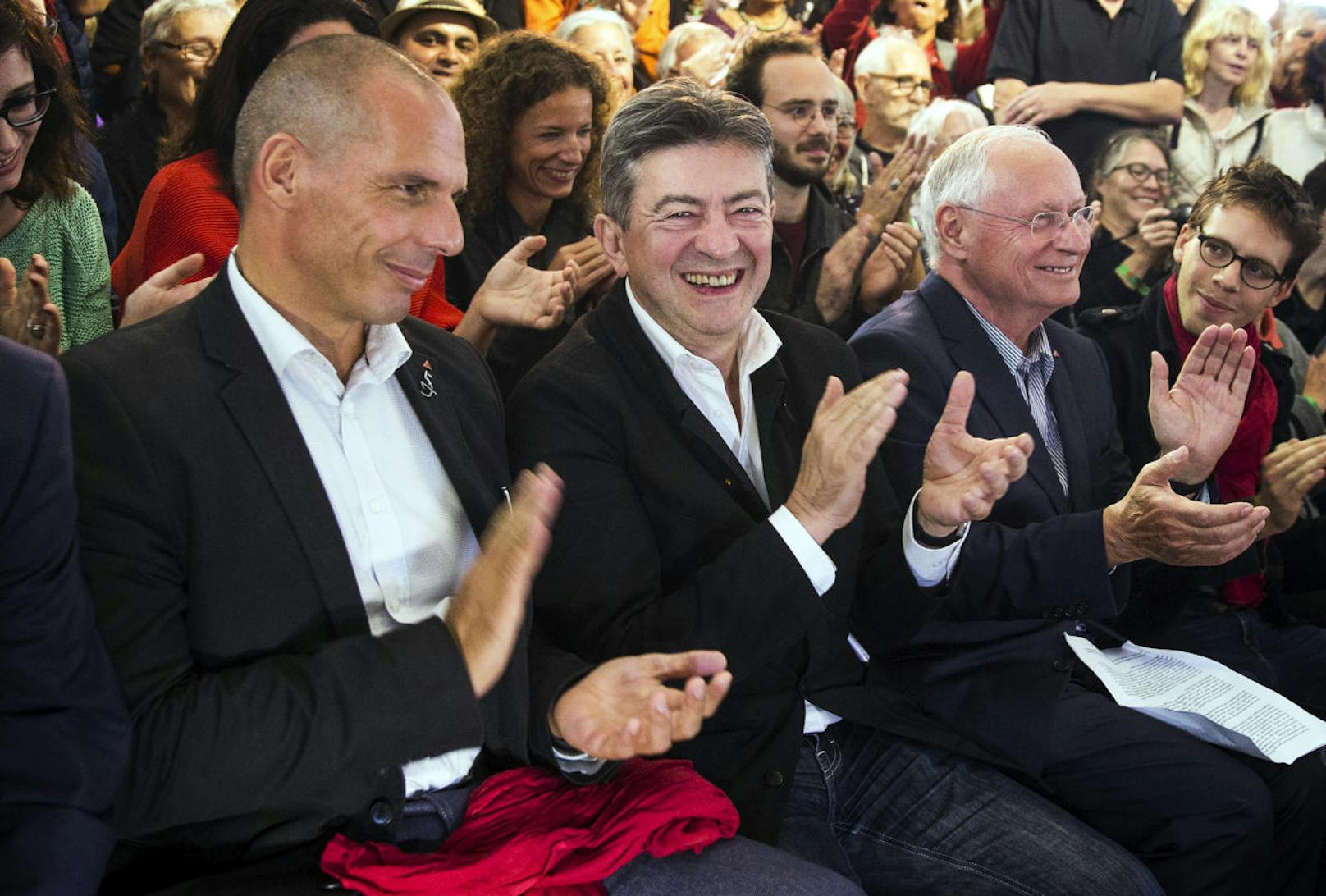 12. September 2015: Griechenlands damaliger Finanzminister Yanis Varoufakis mit Jean-Luc Melenchon und Deutschlands Ex-SPD-Chef Oskar Lafontaine in Le Bourget bei Paris