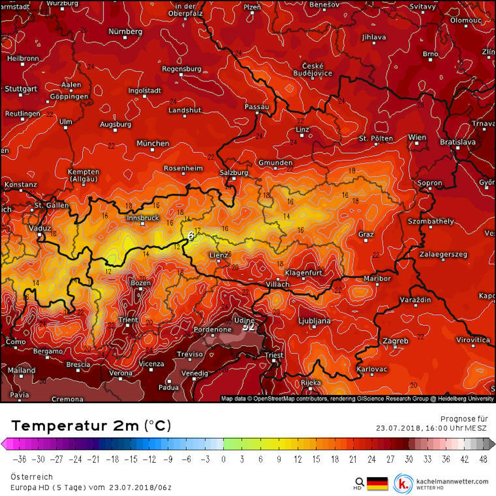 Die 5-Tage-Prognose des Temperaturmodells "Europa HD". Im Bild: Die Vorhersage für <b>Montag, 23. Juli 2018, 16 Uhr.</b>