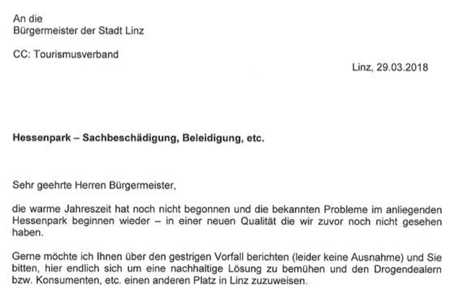 Der Hoteldirektor eines großen Hotels am Hessenplatz-Park schildert in einem Brief an Bürgermeister Luger einen neuen Zwischenfall.