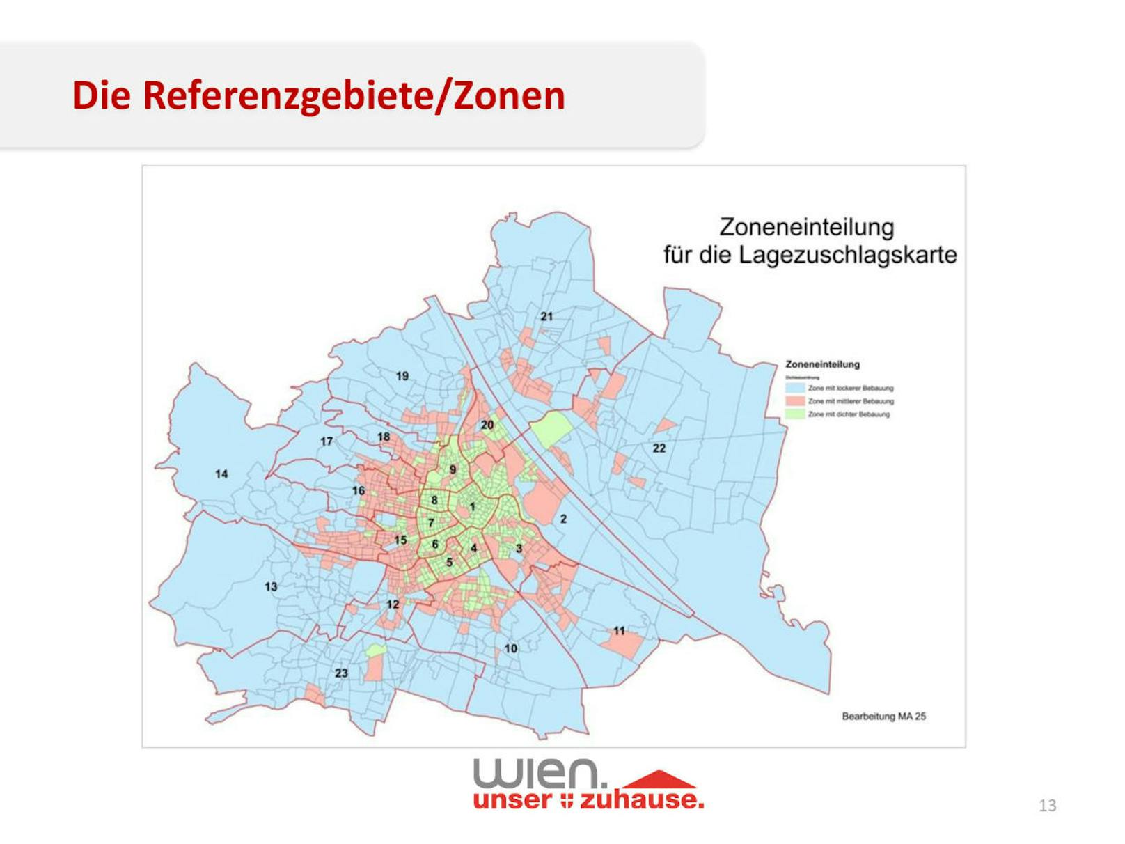 Für die neue Lagezuschlagskarte wurde die Stadt in drei große Zonen (je nach Bebauungsdichte) eingeteilt.