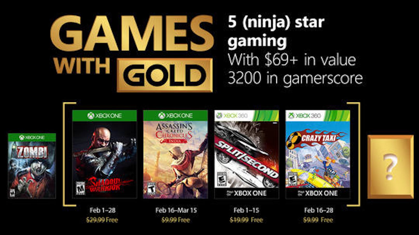 <b>28. Jänner 2018:</b> Im Februar gibt es im Rahmen der "Games with Gold" wieder kostenlose Xbox-Spiele: Dabei stehen zwei Titel speziell für Xbox One und zwei weitere Spiele für Xbox 360 zur Verfügung, die man dank Abwärtskompatibilität auch auf Xbox One spielt: Shadow Warrior (1. bis 28. Februar), Assassin's Creed Chronicles: India (16. Februar bis 15. März), Split/Second (1. bis 15. Februar) und Crazy Taxi (16. bis 28. Februar).