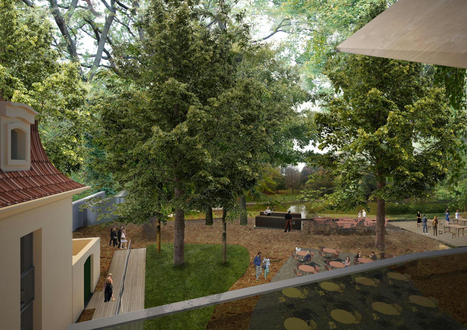Blick in den Garten des neuen "Belvederestöckl". Die Holzterrasse am rechten Bildrand kommt nun doch nicht. (c) Architekten Hoppe