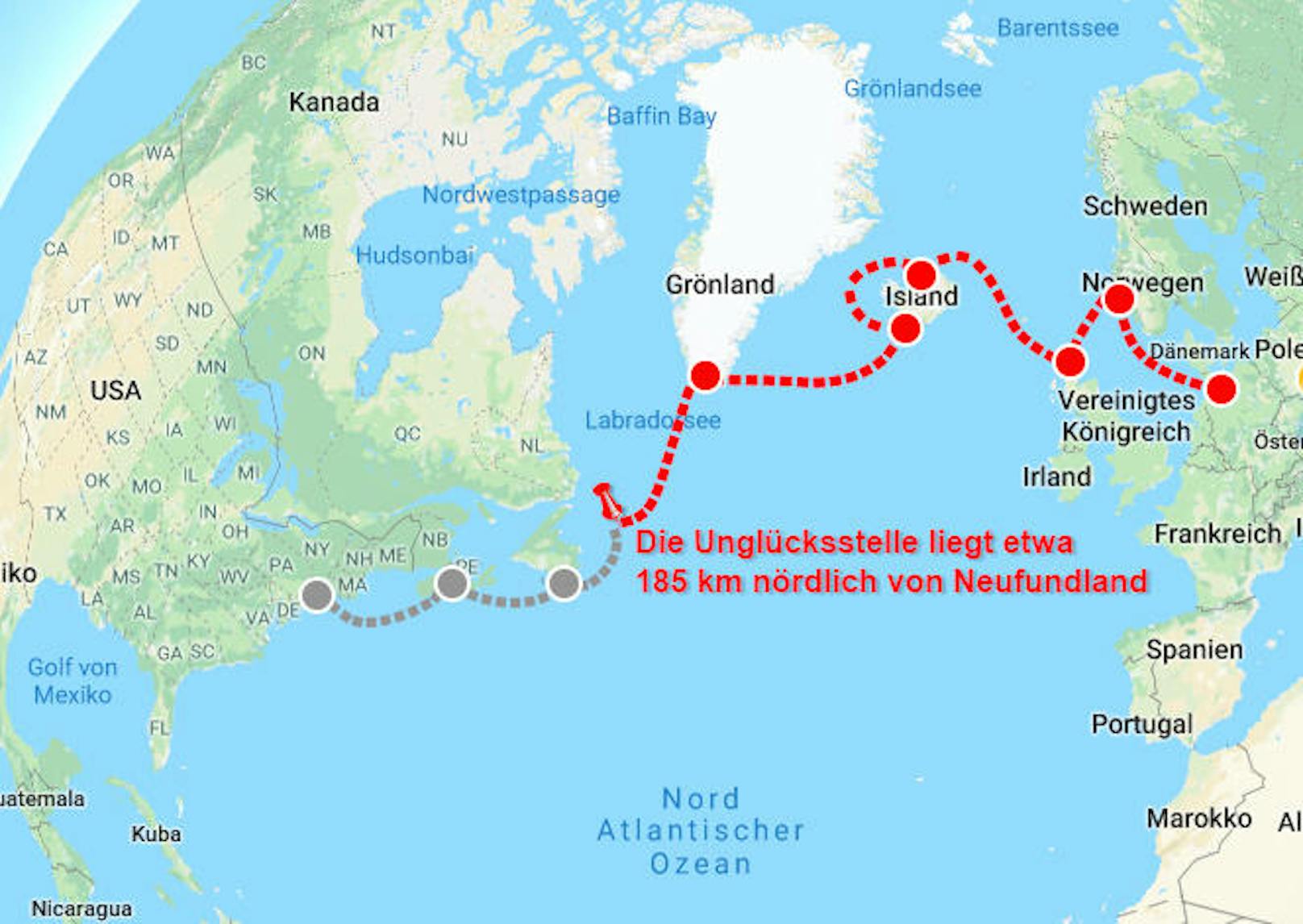 Die AIDA-Route Hamburg-New York mit ihren Stationen: Etwa 185 Kilometer nördlich von Neufundland (Stecknadel) soll Küblböck ins Meer gesprungen sein.